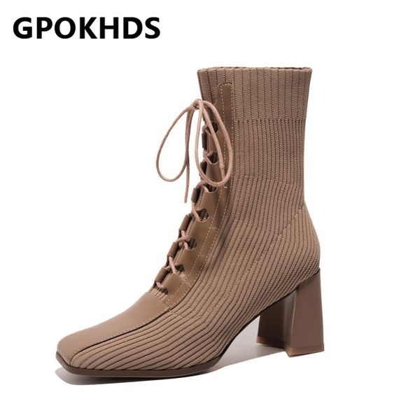 

gpokhds 2021 women ankle boots cow leather winter short plush square toe lace-up knitted high heels female boots size 39, Black