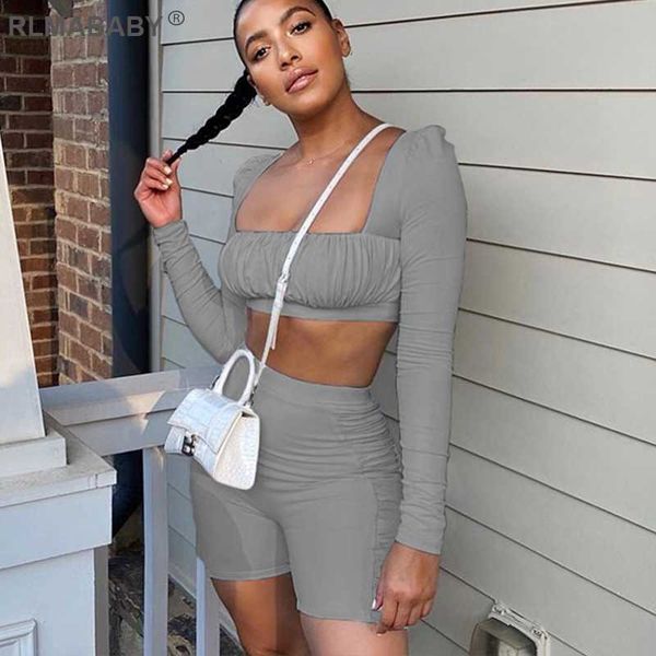 

rlmababy square collar ruched set 2 piece set crop and high waist shorts suit skinny long sleeve casual tracksuit suit, Gray