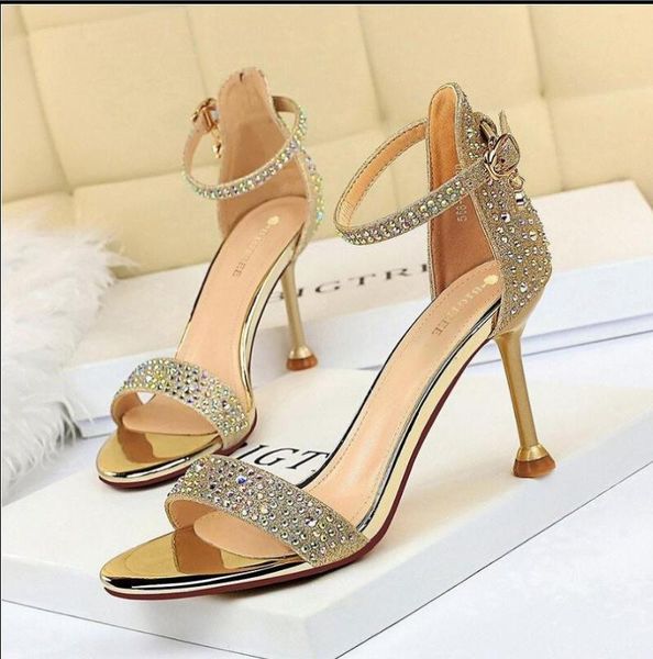 

summer european and american style rhinestone high heels new women's shoes stiletto banquet open toe sandals n91, Black