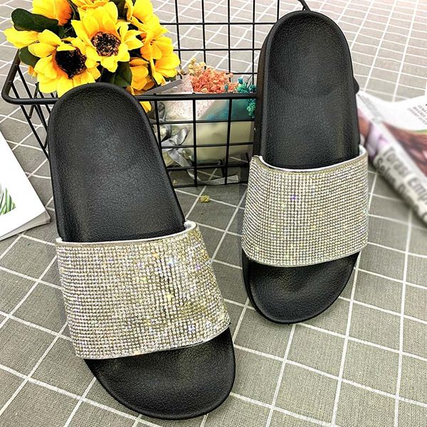 

women slippers crystal bling ladies shoes home bathroom non slip slides summer beach casual woman flats female 2020 footwear new, Black