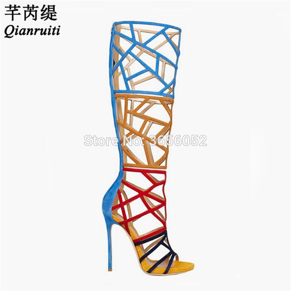 

qianruiti sapatos mujer summer rome knee high boots heels platform stiletto shoes women laser cut outs gladiator sandals, Black