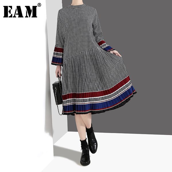 

casual dresses [eam] 2021 spring summer stand collar long flare sleeve plaid printed ruffle pleated hem loose dress women fashion jo187, Black;gray