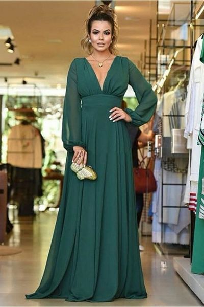 

elegant empire waist chiffon prom dresses women v neck long sleeve a line formal evening party gowns plus size special occasion dress, Black