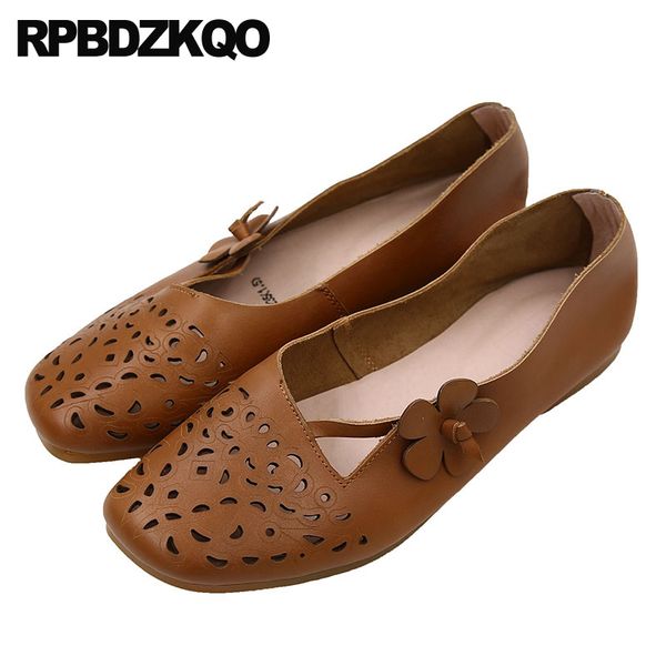 

genuine leather square toe comfortable floral flower female flats breathable hollow out designer shoes women luxury 2020 brown, Black