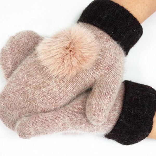 2020 Nova Mulheres moda inverno luvas elegantes cores puras Estilo de lã Mittens Com Adorável Rabbit Fur Pom-pom