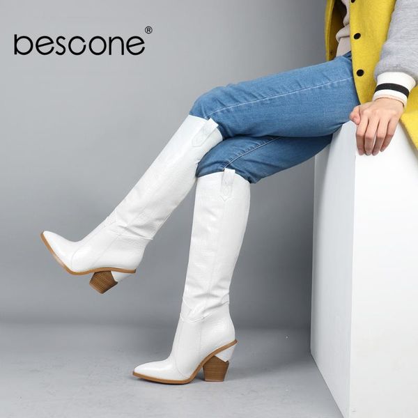 

bescone pointed toe women knee-high boots basic mixed colors square heel shoes new handmade white zipper outside ladies boots h2, Black