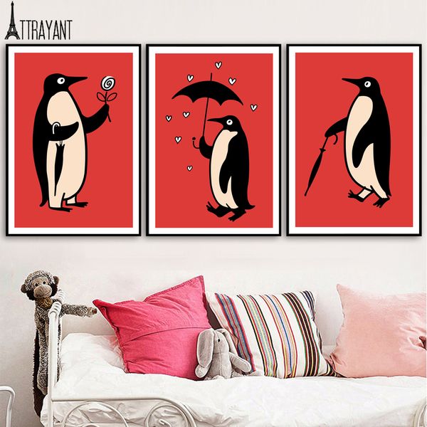 

poster vintage penguin umbrella flower heart nursery wall art canvas painting nordic posters and prints wall pictures kids room