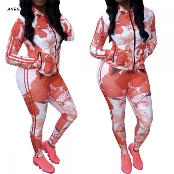 

quick dry sweat suits women print tracksuit sportswear suits long sleeve zip up slim leggings pants casual clothes set femme, Gray