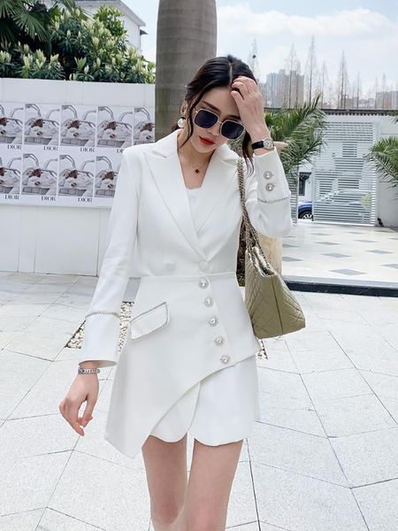 

pink skirt suit jacket set women double breasted balzer short beadings asymmetry skirt two pieces set business work outfit, White