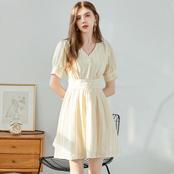 

french platycodon skirt new style v-neck single breasted chiffon short sleeve dress women dresses women dresses, Black;gray