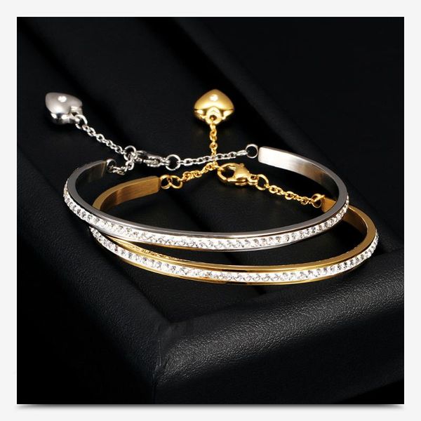 

fashion gold 1 row shiny rhinestone bangle with love heart pendant stainless steel adjustable charm bracelet jewelry for wedding, Black