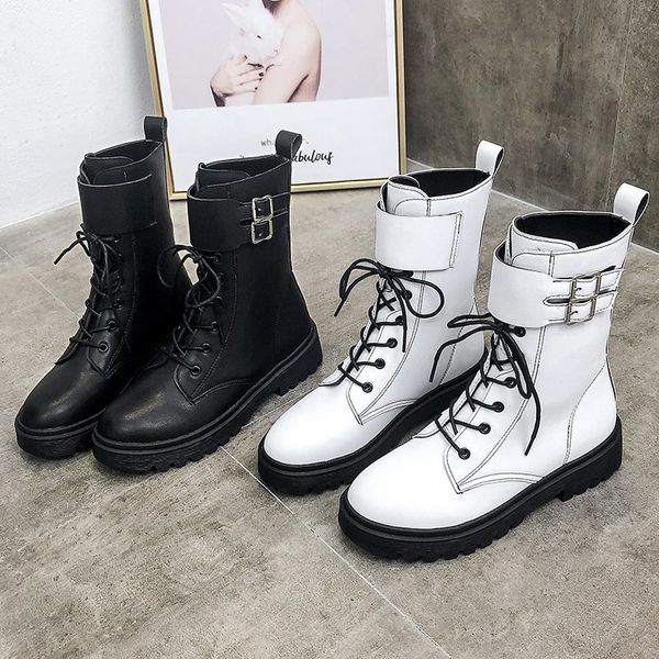 

white shoes lady boots round toe booties woman 2020 low heel luxury designer ladies riding rubber fashion rock mid calf, Black