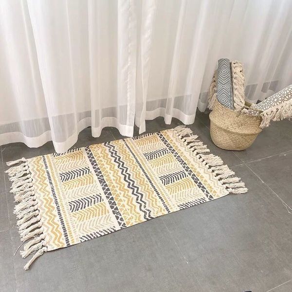 

hand woven cotton linen carpet tatami bedroom bedside rug geometric floor mat living room book room sofa pad foot pad