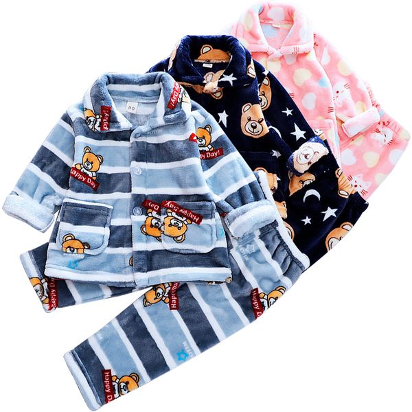 

children's coral fleece pajamas autumn and winter thick cardigan flannel pajamas boy and girl cartoon home service suit 2pcs, White