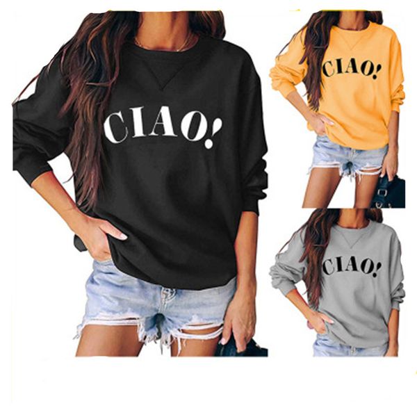 

ladise ciao letter sweatshirts fashion trend autumn long sleeve round neck pullover clothes designer female casual loose sweatshirts, Black