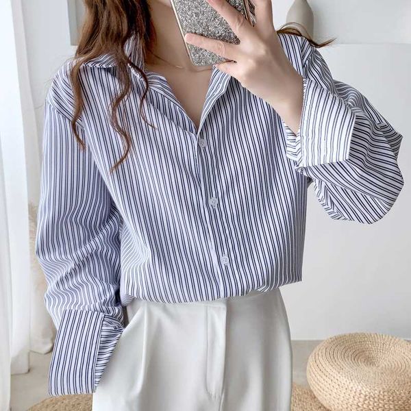 

women's blouses & shirts 2021 autumn striped long sleeve chiffon blouse turn-down collar office lady elegance oversize korean chic, White