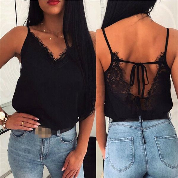 

sexy v шея шнурок backless узелок лето женщин сатин кружево жилет без рукавов top camis тенниска, White