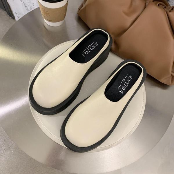 

women slippers mid heel closed toe half slippers female 2020 new autumn wild outdoor platform thick sole casual sandals muller, Black
