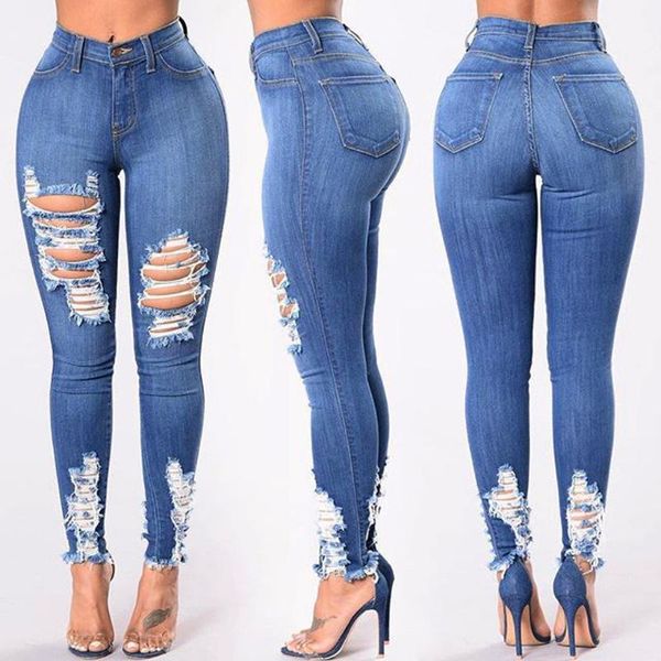 

stretch pants fashion women jeans denim hole female high waist jeans stretch slim pencil pants woman, Blue