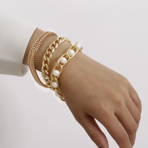 

hip-hop metal punk hand chains female imitation pearls snake chain 3 pcs/set gold color 2020 fashion jewelry bracelets for women, Golden;silver