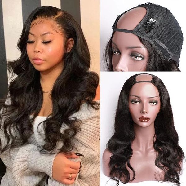 

u part wig body wave human hair wigs for women brazilian remy hair can be permed and dye body wave wig, Black;brown