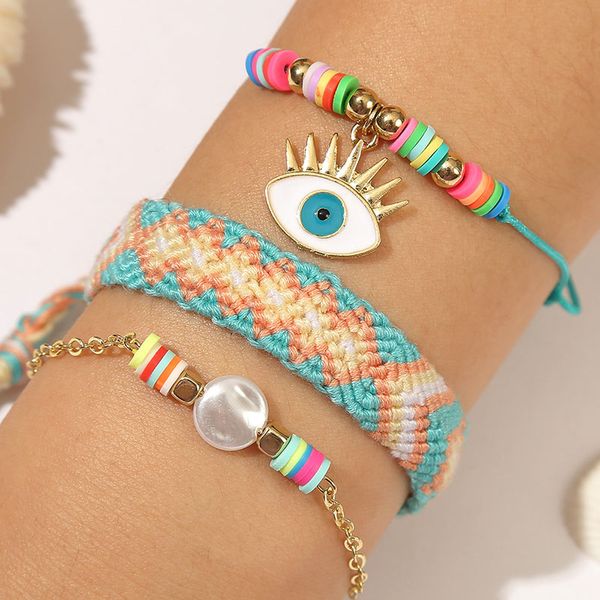 

3pcs/set fashion enamel evil eye pendant polymer clay charm bracelets for women boho cotton rope weave handmade bracelet gifts, Golden;silver
