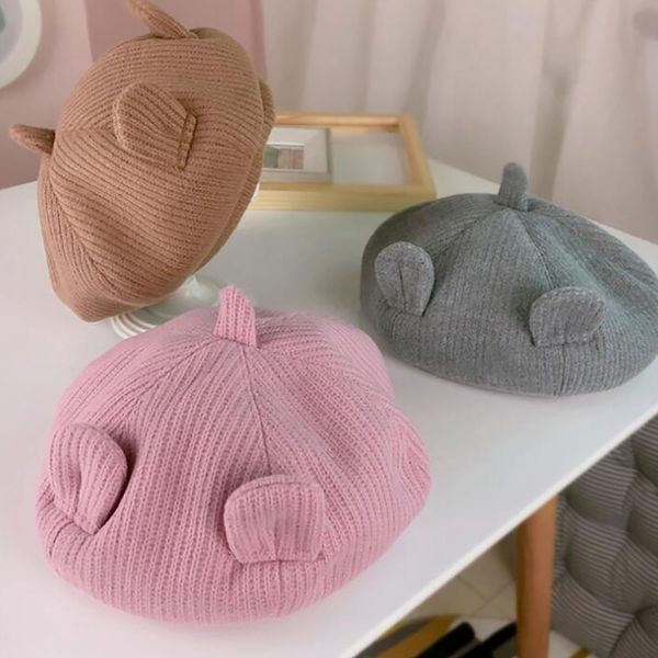 

children's hat 2020 winter new cartoon ears knitted beret fashion boys girls warm painter's hat, Slivery;white