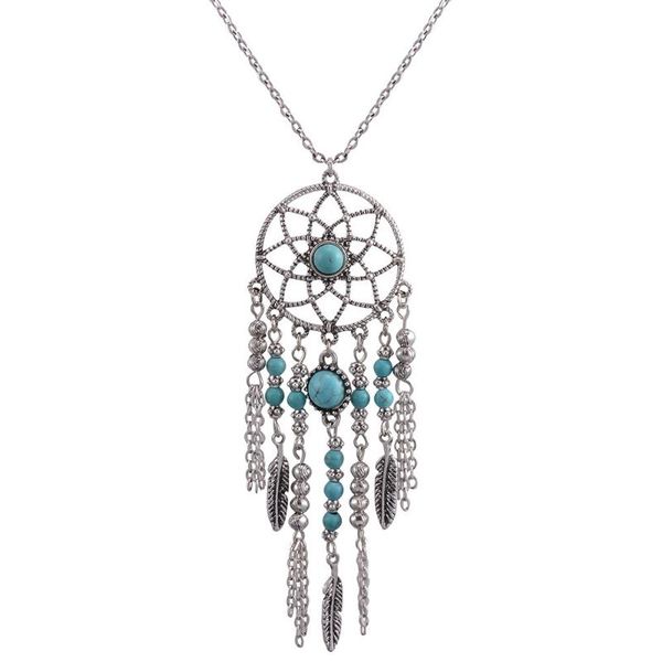 

vintage bead tassel pendant necklace women bohemian ethnic style dreamcatcher feathers long necklace bijoux, Silver