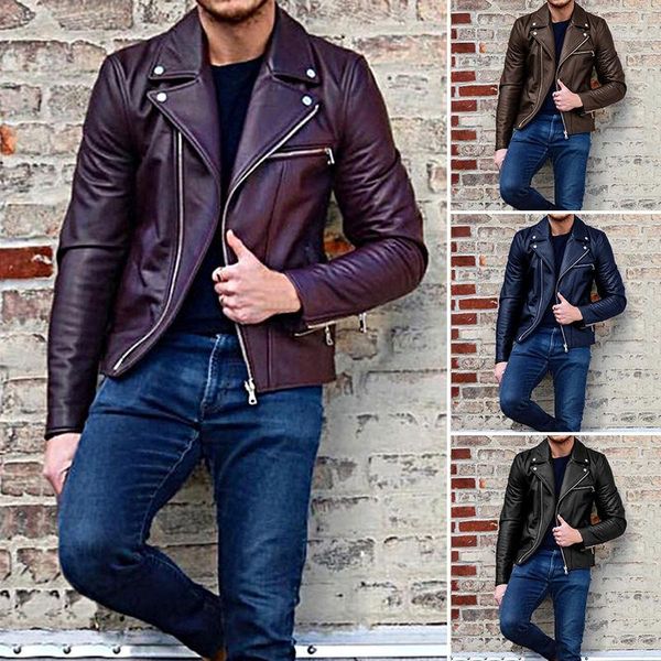 

leather jacket zipper lapel neck mens coats long sleeved solid color mens clothing spring autumn pu, Black