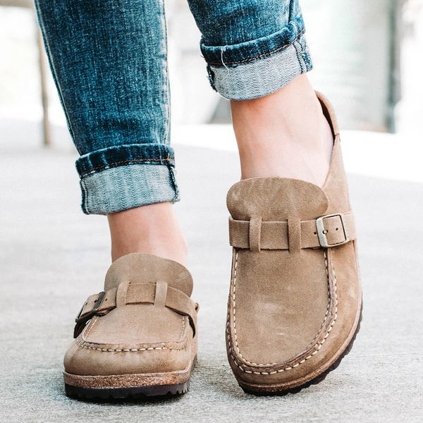 

women's loafers 2020 summer slip on casual comfy leather buckle suede ladies flat shoes 35-43 soft female flat sandals shoes, Black