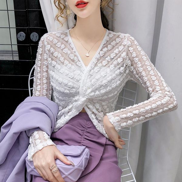 

coigarsam full sleeve blouse women lace thin hollow out v-neck blusas womens and blouses white 21008