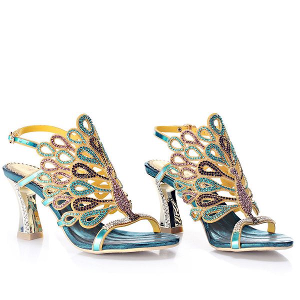 

summer new blue large size peacock pattern hollow diamond sandals buckle open toe thick heels 8cm, Black