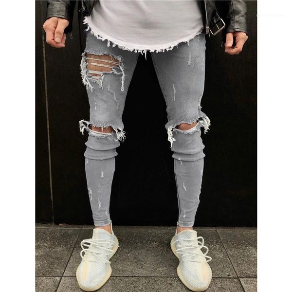 

jeans hip hop style distrressed skinny pencil pants streetwear new mens designer jeans mens ripped designer, Blue