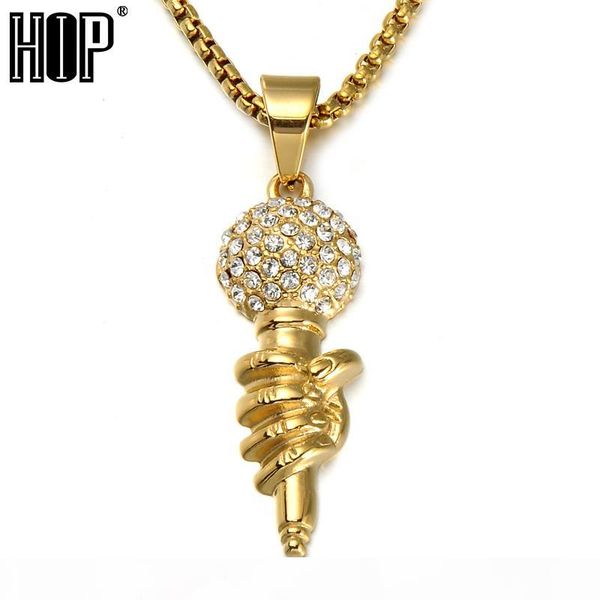 

mens hip hop jewelry bling iced out titanium music microphone mike pendant necklace with 24inch gold color stainless steel chain, Silver