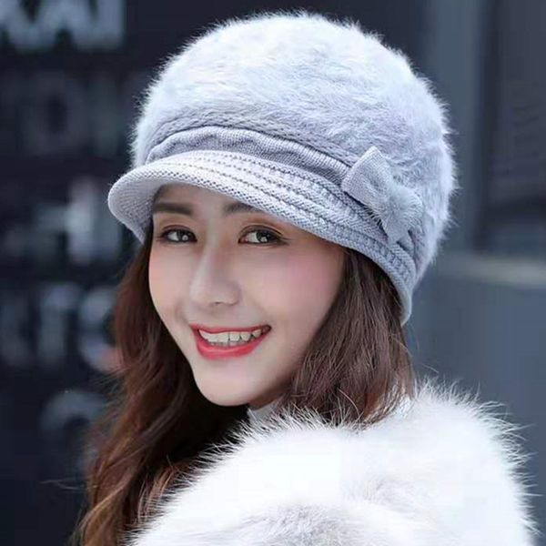 

new women's hat female fashion winter hat bow-knot design fur knitted hats for woman keep warm beanie, Blue;gray