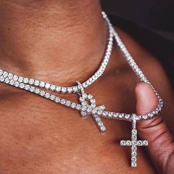 

fashion luxury rhinestone cross pendant necklace jewelry hip hop for women adjustable bling crystal tennis chain choker necklace, Silver