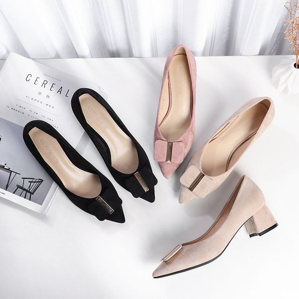 

autumn fashion women pumps pink ladies thick high heels pointed toe pumps shallow slip on office work shoes woman g0019, Black