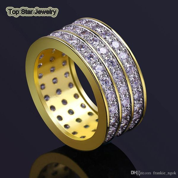 

real copper rings shiny 3 rows micro cubic zirconia punk finger accessories for mens hip hop trendsetter rock rapper jewelry gifts size 7-11, Silver