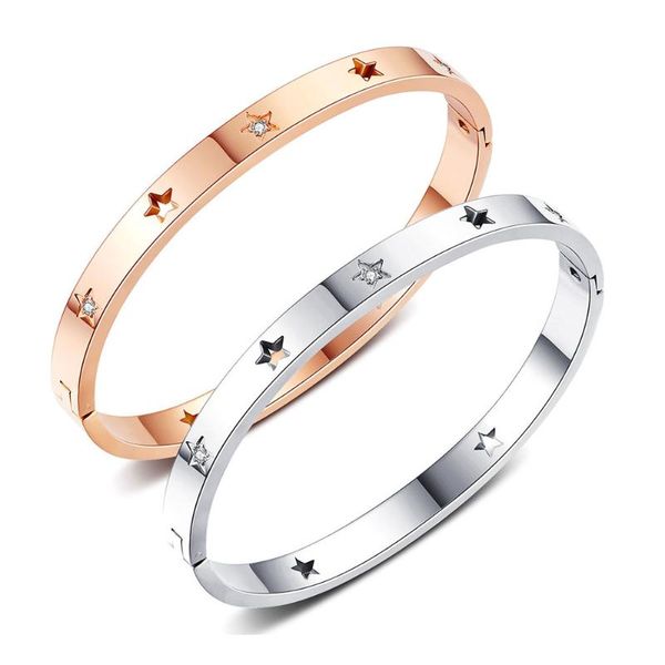 

trendy titanium stainless steel hollow star bangle for women cz crystal pentagram female bracelet ogh960, Black