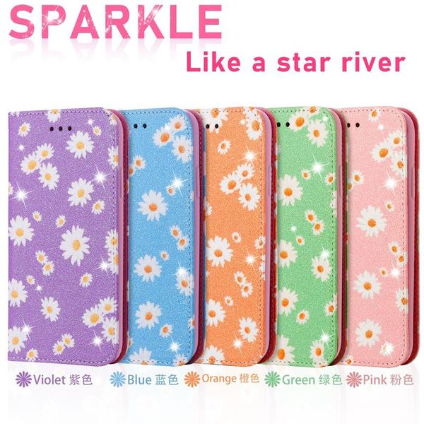 

flower glitter leather wallet case for iphone 12 11 pro xr xs max 8 7 6 se 2020 sparkle suck magnetic closure holder stand flip cover pouch