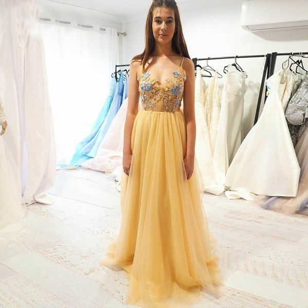 

v neck party dress new bright yellow evening dress butterfly chest love gold 3d appliques girl gown women long fashion straps, Black;red