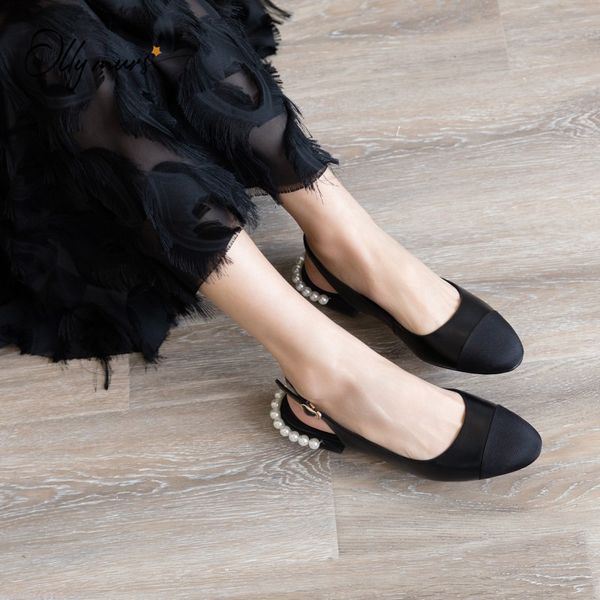 

ollymurs fashion style black women summer sandals round toe pearls buckle strap chunky mid heel women sandals casual shoes woman