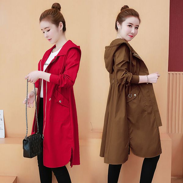 

women's trench coats autumn woman hooded coat fashion solid zipper waterproof outerwear loose female long sleeve windbreaker plus size, Tan;black