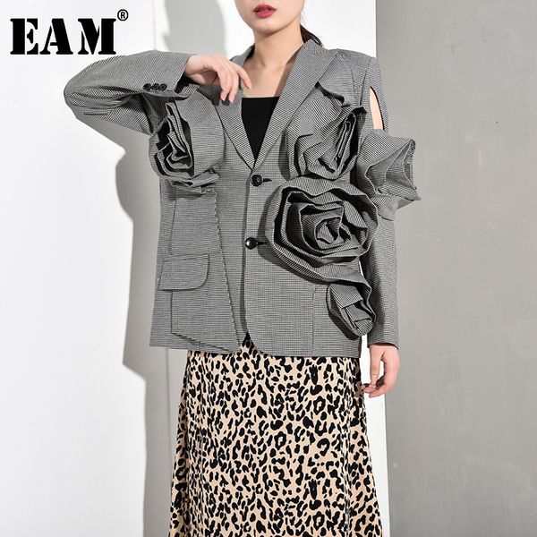 

eam] loose fit plaid three-dimensional hollow out jacket new lapel long sleeve women coat fashion tide spring autumn 2020 jg75, Black;white