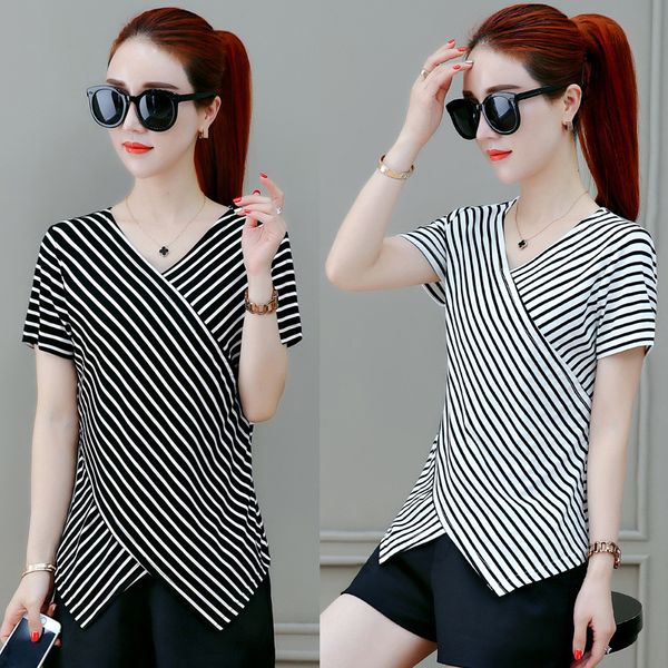 

t shirt femme camiseta mujer stripped summer women clothes 2020 women's casual t-shirts korean cotton tee plus size xxl, White