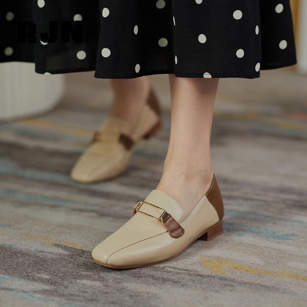 

rjn new casual flats metal decoration classic square toe handmade genuine leather women shoes comfortable anti-skid flats ro250, Black