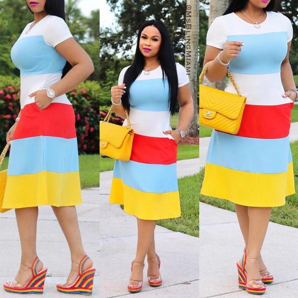 

clothing womens designer casual dress summer crew neck panelled striped short sleeve dress fashion loose female, Black;gray