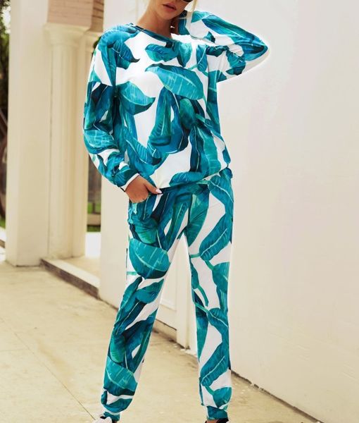 

cross-border autumn selling printed round neck fashion casual suit multi-color spot womens clothing, Gray