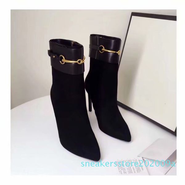 

1brand luxury womens haf high hee 10cm pointed toes mid-caf booties ladies knight suede eather boots size 35-40 [origina box] s09, Black