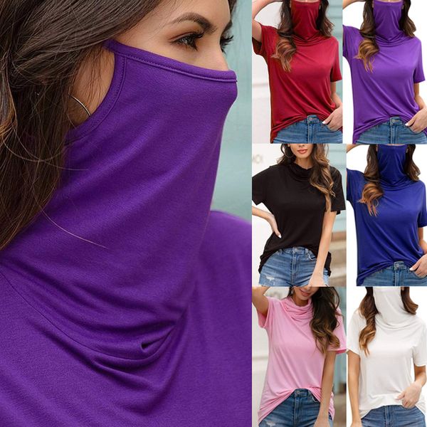 

women solid color high neck casual t shirt loose round neck short sleeve blouse dust proof mask top, White;red